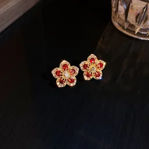 Ohrstecker Glänzende Strass Rote Blume Für Frauen Chinesischen Stil Pflanze Kleine Ohrstecker Luxus Süße Mädchen Mode Schmuck