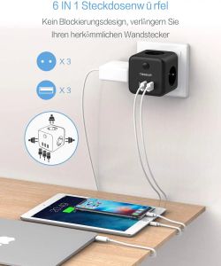 Tessan EU-Stecker-Power-Strip-Würfel mit 3 Wechselstrom-Outlets 3 USB-Ladeanschlüsse, Europäischer Korea-Stecker Multi-Tap Socket Tee Power Adapter