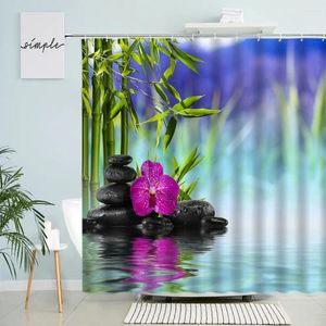 Duschgardiner Zen Spa Curtain Spring Green Plants Bamboo Flowers Orchid Stone Home Badrumdekor med krokvattentät polyesterskärm