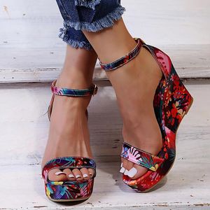 Sandals Women Floral Platform Female Summer Wedges Woman High Heels Thick Bottom Shoes Ladies Buckle Footwear Plus Size