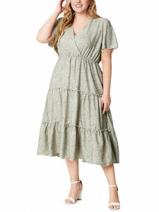 Gibsie plus size Ditsy Floral Summer LG Dr Women 2024 Holiday V-Neck Kort ärm Sweet Casual Elastic Boho A-Line Dres P6XC#