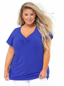 moodclo Women's Plus Size Tunic Solid Color Summer Black T Shirts V Neck Pocket Tee Tops Loose Fitting Blouses b3Z7#