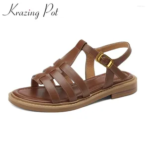 Freizeitschuhe Krazing Pot Kuhleder Peep Toe Low Heel Gladiator Retro Fashion Solid Junge Dame Tägliche Abnutzung Schnalle Frauen Sandalen L83