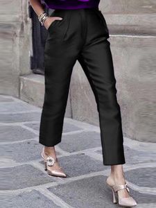 女性用の女性用パンツ女性のための黒い弾性ウエストオフィスレディーワークカーフの長さのカジュアルペンシルカプリポケットと夏の光沢のあるズボン