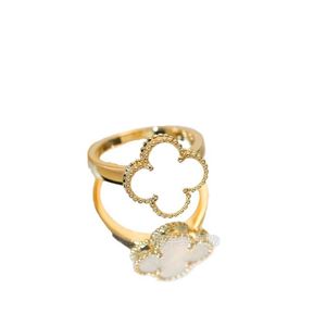 Designer High version Van K Gold Clover Ring Natural White Fritillaria Personality Lucky Flower Agate with Diamond Finger O UIL8