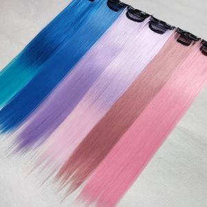 Synthetic 22inch Colored Long Straight Chip In Hair Extensions Highlight Rainbow Hair Clips Grey Blue Purple Hairpieces for Kids