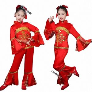 Abbigliamento da ballo Yangko per bambini Costume da spettacolo di danza nazionale cinese Elegante vestito da ballo per fan Classico Panno per tamburo in vita y7XC #