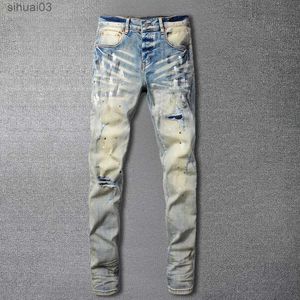 Men's Jeans Vintage torn denim pants old washed stretch jeans splashing ink mens Jean Hombre patch bike street clothing tight tapered TrouserL2403