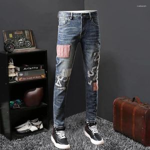 Jeans masculinos homens europeus buraco remendo magro magro azul jean streetwear lavado elástico high street hip hop calça vaqueros hombre