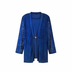 Damen Royal Blue Chic 3/4 Ärmel Spitzenbluse Sommer Häkeltunika Plus Size Top für Frauen Busin Freizeithemd W125 v9tw #