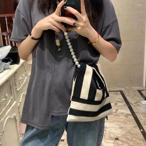Torby wieczorowe Vintage Canvas Pearl Chain One Rusheter For Girl Fashion Autumn Ans Winter Strip Tote Women