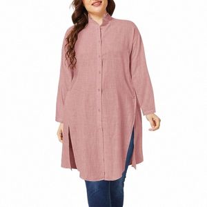 Solid Tunic TopCasual Loose BlusaS Zanzea Women Stand Collar LG Shirt Autumn LG Sleeve Butts Down Cott Blue Plus Size X7DF#