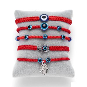 Identifiering Classic Kabh Red String Thread Hamsa Hand Braid Armband Blue Turkish Evil Eye Pärla armband Fatima Friendship Jewelr Dhae1