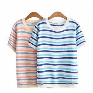 large women's 2022 summer new fi stripe Plus Size hollow ice silk short sleeve T-shirt 3XL 4XL 5XL q6dc#