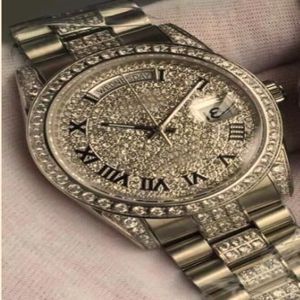 Högkvalitativ lyx Mens Automatisk Titta på President Day-Date Diamond Face Bezel rostfritt stålspänne för män Mekaniska armbandsc306g