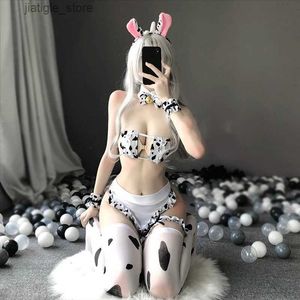 Sexig uppsättning anime maid underkläder fyrkantig cup mini bh g-sträng förkläde pannband strumpor bikini kvinnor erotisk mjölk ko cosplay kostym y240329