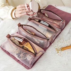 Sacos de armazenamento portátil dobrável viagem saco cosmético feminino organizador pendurado malha de náilon separável bolsa de higiene pessoal corda caso de maquiagem