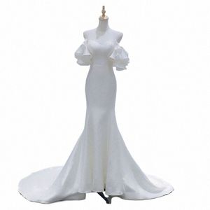 francuska syrena seksowna na ramię biała satyna w tą ślub Dres dla panny młodej Luksusowy luksus LG PROM Kobieta Dres E62P#