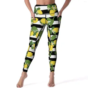 Women's Leggings Lemon And Leaf Yoga Pants Sexy Black Striped Print High Waist Workout Leggins Lady Aesthetic Quick-Dry Sports Tights