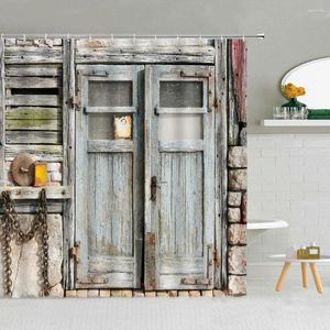 シャワーカーテンビンテージ木製ドアカーテンファーム素朴なフレームフラワーレンガ板竹の緑の葉のテクスチャバスルームの装飾