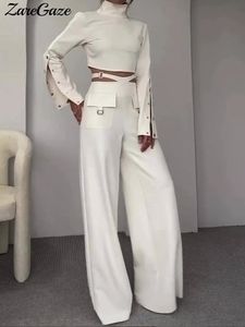 Solid Chic Crop Top Pants Passar långärmad split -knapp toppar Hög midja ihålig ut bredbenbyxor 2024 Sping Lady Set 240323