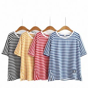 large Womens 2022 short sleeve shirt summer new loose thin stripe Plus Size split crew neck T-shirt 3XL 4XL 5XL 6XL N3w1#