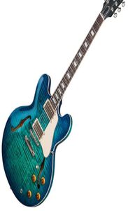 Memphis 335 Semi Hollow Figured Aquamarine Green Jazz Electric Guitar Flame Maple Top Side Back Little Pin Tone Pro Bridge B4750961