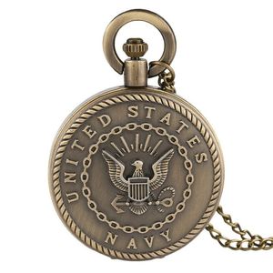 Vintage Bronze Retro United States Badge Military Pocket Watch Quartz Analog Movement Watches for Men Women Necklace Chain243S