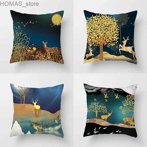 Pillow 45x45cm Golden Deer Tree Forest Scenery case Sofa Seat Headboard cushion cover modern luxurious home decoration case Y240405