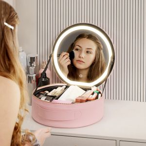 Makeup Organizer Bag upplyst kosmetiskt fodral med spegel ledbar bärbar kosmetisk väska stor kapacitet makeup lagringslåda