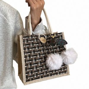 Geflochtene Muster Jute-Einkaufstasche Ins Lunch-Taschen für Frauen Kleine Lunch-Tasche Lebensmittelaufbewahrungs-Einkaufstasche Functial Tragbare Reise Picknick O4OH #