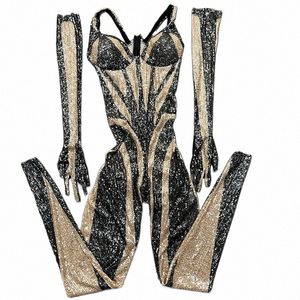 Donne Paillettes Tuta e guanti Sexy Stage Dance Costume Festa di compleanno Bar Club Cantante Queen Performance Outfits O5pW #