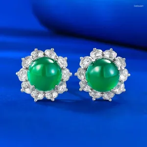 Orecchini a bottone SpringLady Vintage Argento sterling 925 Rotondo 8 MM Pietra preziosa di giada verde Goccia fine per le donne Gioielli per feste di nozze