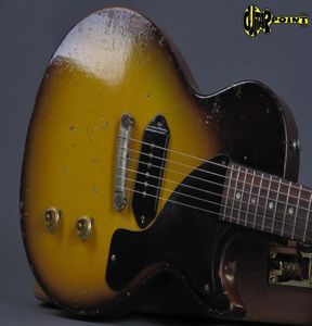 Sällsynt 1957 Junior Tobacco Sunburst Dark Brown Heavy Relic Electric Guitar Single Cut Body 1 Piece Neck No Scarf Joint P90 Dog 8642023