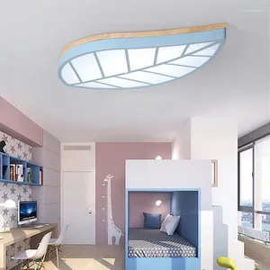 Luzes de teto LED Berçário Folhas Design Lâmpadas de madeira Branco Cor azul para crianças Babys Room Nordic Hallway Luminárias