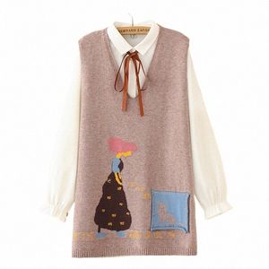 Plus-storlek kvinnors tröja Vest Loose Carto Dobby stickad pullover Autumn Winter Fi Curve V-Neck Jumper E2-0555 O3M6#