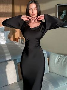 Tossy Black Satin Bandage Maxi Dress Women Slin High Waist Fashion Patchwork Elegant Long Sleeve Dress Ladies Gown Long Dress 240319