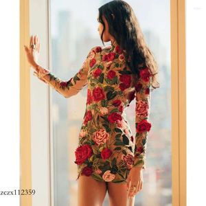 Nya 2024 Casual Dresses Long Sleeve Dress broderade fest Floral Fashion Women Bodycon