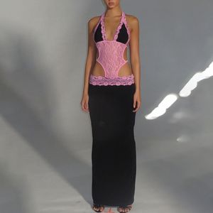 Y2K Sexig Summer Dress spets spets i Hollow Hollow Halter Backless Split Long Dresses For Women Resort Wear