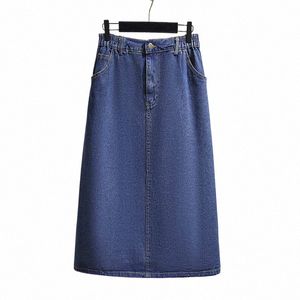 150kg Plus Size Women's Summer Loose One-Step Denim Skirt 5XL 6XL 7XL 8XL 9XL Elastic Waist Mid-Length Temperament Skirt Blue J6Wz#