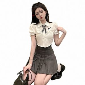 2024 donne di base uniforme set estate camicetta bianca manica mini gonna a pieghe cintura vita sottile camicia ragazze jk uniforme scolastica z6OG #