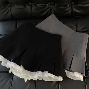 Skirts Skorts Japanese College Style Pleated Skirts Solid Black Grey Patchwork Women All-Matching Mini Skirt Female High Waist A- Line Skirt 240330