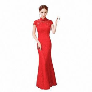 Kinesiska nyårskvinnor kläder LG Dr Red Chinese Mermaid Tail Wedding Dr Party Lace Chegsam Qipao Plus Size Hanfu Q0DC#