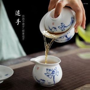 Conjuntos de chá pintados à mão único azul branco porcelana gaiwan conjunto de chá simples pequeno três peças fazendo tigela doméstica