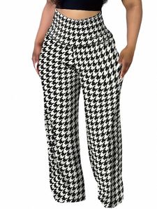 plus Size Slim Fit High Waist Slim Thousand Bird Checker Versatile Wide Leg Women's Pants u43W#