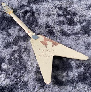 Chinese Electric Guitar Hand Made Old Milk Yellow Color Flying V Style Mahogany Body And Neck5016122