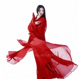 2023 En Yeni Traditial Çin Hanfu Dr Kadınlar için Katı kırmızı artı boyutu Chiff Halk Dans Kostümleri Kadın Vintage Tang Takım W1JT#