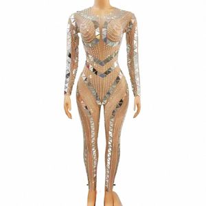 Sexy Fling Rhinestes Sier Lantejoulas Espelho Transparente Macacão Noite Aniversário Comemorar Traje Dance Party Bodysuit I2Kk #