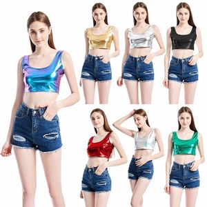 Vuxen glänsande metallisk västtank toppkvinnor kostym djup u-hals ärm för jazz hip hop dance performance costumes camisole r1es#