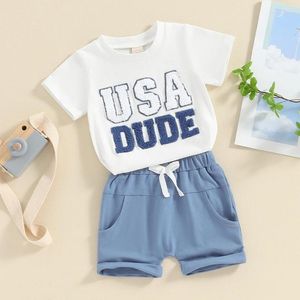 Kläder sätter 4 juli Baby Boy Outfit Toddler USA Letter Patch Short Sleeve T Shirt American Flag Shorts Set Summer Clothes